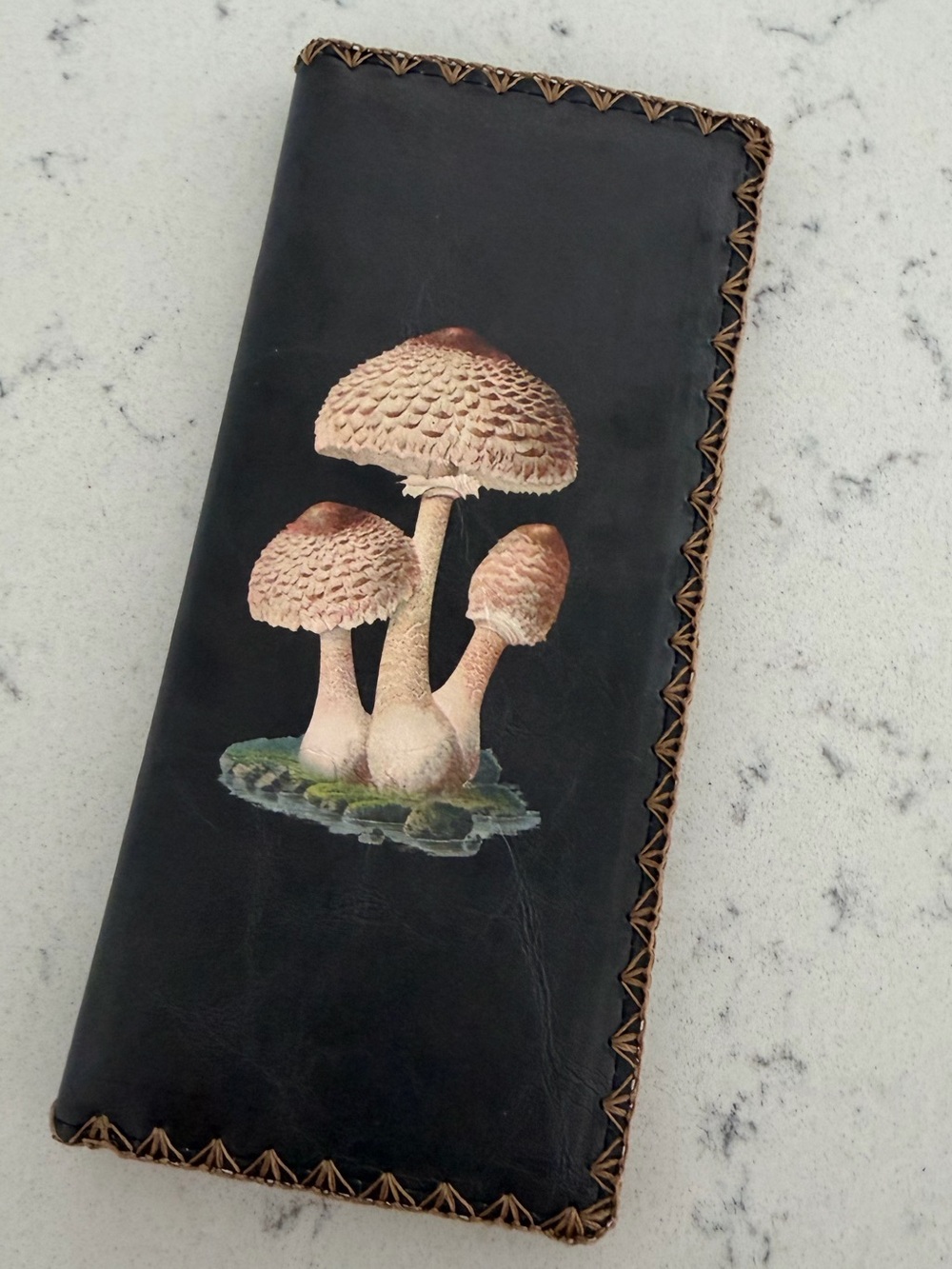 Hand-Painted Black Leather Wallet with Mushroom Motif
